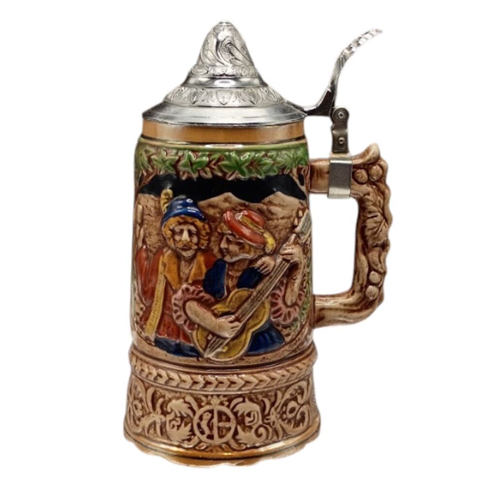 Vintage Japan Musical Ceramic Beer Stein Working Music Box Pewter Lid Mug 8"